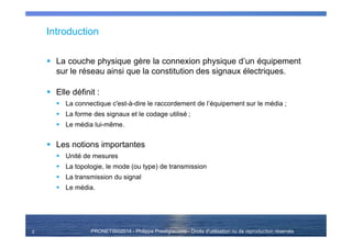 PRONETIS©2014 - Philippe Prestigiacomo - Droits d'utilisation ou de reproduction réservés
Introduction
La couche physique gère la connexion physique d’un équipement
sur le réseau ainsi que la constitution des signaux électriques.
Elle définit :
La connectique c'est-à-dire le raccordement de l’équipement sur le média ;
La forme des signaux et le codage utilisé ;
Le média lui-même.
Les notions importantes
Unité de mesures
La topologie, le mode (ou type) de transmission
La transmission du signal
Le média.
2
 