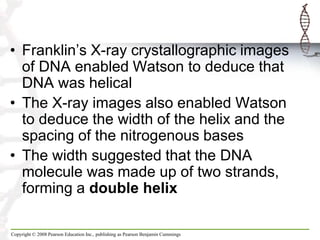 • Franklin‟s X-ray crystallographic images
of DNA enabled Watson to deduce that
DNA was helical
• The X-ray images also enabled Watson
to deduce the width of the helix and the
spacing of the nitrogenous bases
• The width suggested that the DNA
molecule was made up of two strands,
forming a double helix
Copyright © 2008 Pearson Education Inc., publishing as Pearson Benjamin Cummings

 