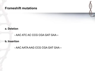 Frameshift mutations

a. Deletion
- AAC ATC AC CCG CGA GAT GAA –

b. Insertion
- AAC AATA AAG CCG CGA GAT GAA –

 
