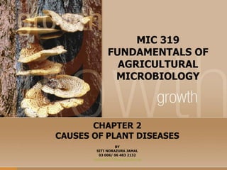 MIC 319
FUNDAMENTALS OF
AGRICULTURAL
MICROBIOLOGY

CHAPTER 2
CAUSES OF PLANT DISEASES
BY
SITI NORAZURA JAMAL
03 006/ 06 483 2132
norazura6775@ns.uitm.edu.my

 