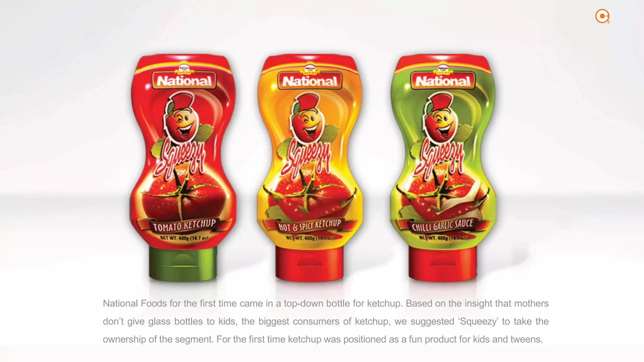 2
National Foods for the first time came in a top-down bottle for ketchup. Based on the insight that mothers
don’t give glass bottles to kids, the biggest consumers of ketchup, we suggested ‘Squeezy’ to take the
ownership of the segment. For the first time ketchup was positioned as a fun product for kids and tweens.
 