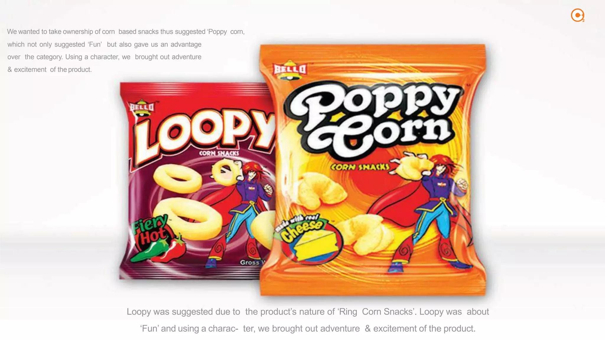 2
We wanted to take ownership of corn based snacks thus suggested ‘Poppy corn,
which not only suggested ‘Fun’ but also gave us an advantage
over the category. Using a character, we brought out adventure
& excitement of the product.
Loopy was suggested due to the product’s nature of ‘Ring Corn Snacks’. Loopy was about
‘Fun’ and using a charac- ter, we brought out adventure & excitement of the product.
 