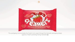 2
The packaging communicates the fruits & rich cream through the thematic packaging design
against a ‘heart’ promising ‘loving moments’.�
 