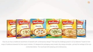 2
How do you fuse a traditional assortment of desserts with contemporary design? That was the challenge posed to C2 by National Foods for their
range of traditional desserts for their export markets. C2 designed the packaging using modern day design principles yet kept the heritage of the sub-
continental dishes. The result was both pleasing and contemporary.
 