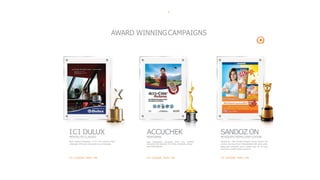 2
ICI DULUX
PENTALITE CLASSIC
Best Creative Campaign – A ICI UK award for best
campaign of the year was given to our campaign.
TVC -OUTDOOR - PRINT -POS
creative
campaign was aired as is in India, Indonesia, Singa-
pore andMalaysia.
ACCUCHEK
PERFORMA
Best Integrated Campaign APAC. The
TVC -OUTDOOR -PRINT -POS TVC -OUTDOOR -PRINT -POS
SANDOZON
MOSQUITO REPELLENTLOTION
Sandoz On – Best Global Product Launch Award. The
product was launched in Bangladesh with same pack-
aging and campaign and is being used for all new
launches as well in other countries.
2
AWARD WINNINGCAMPAIGNS
 