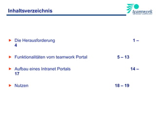 Inhaltsverzeichnis Die Herausforderung 1 – 4 Funktionalitäten vom teamwork Portal   5 – 13 Aufbau eines Intranet Portals   14 – 17 Nutzen   18 – 19 