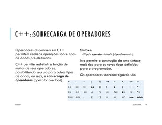 EXEMPLO _PONTO
class Ponto {
public:
float x, y; // coord. do ponto
Ponto(float=0, float=0); // val. default p/ args
void translacao(float, float);
};
// construtor parametrizado
Ponto::Ponto(float x, float y) {
translacao(x, y); // uso de método da classe
}
// ajusta nova coordenada
void Ponto::translacao(float x, float y) {
Ponto::x = x; // op. escopo diferencia parâmetro
Ponto::y = y;
}
#include <iostream>
#include "Ponto.h"
using namespace std;
int main() {
Ponto p1; // declara objeto s/ args. (default)
cout << "p1(" << p1.x << "," << p1.y << ")n";
p1.translacao(-5,10);// ajusta coordenadas
cout << "p1(" << p1.x << "," << p1.y << ")n";
Ponto p2(5); // declara objeto c/ 1 arg. (x)
cout << "p2(" << p2.x << "," << p2.y << ")n";
Ponto p3(100, 50); // declara objeto / 2 args. (x e y)
cout << "p3(" << p3.x << "," << p3.y << ")n";
return 0; // encerra programa
}
20/04/2017 (C) 2017, PJANDL. 105
Os construtores default com valores default têm
comportamento dual: default e parametrizado
 