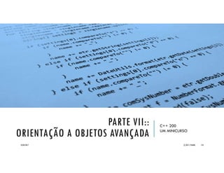 C++::CLASSES AMIGAS
Também é possível a existência de
classes amigas, que, como para as
funções amigas, também terão acesso a
membros privados e protegidos em
função da relação de amizade
estabelecida.
Novamente existe a situação de cautela
exigida pela violação conceitual do
encapsulamento.
// Colecao.h
#ifndef _COLECAO_H_
#define _COLECAO_H_
class Iterator; // definição da classe Iterator
class Colecao { // declaração da classe Colecao
int *v, tam, prox;
public:
Colecao(int=10); // construtor
~Colecao(); // destrutor
bool adiciona(int); // adiciona um elemento
int tamanho() const; // determina tamanho da coleção
int le(int) const; // obtém um elemento da coleção
void limpar(); // limpa coleção
friend class Iterator; // especifica classe amiga
};
class Iterator { // declaração da classe Iterator
int *v, tam, prox;
public:
Iterator(const Colecao&); // construtor
bool existeProximo() const; // verifica se existem mais elementos
int proximo(); // retorna próximo elemento
};
#endif
20/04/2017 (C) 2017, PJANDL. 118
Este exemplo também mostra a correta
organização do programa em múltiplos arquivos
de cabeçalho (header) e código-fonte (source).
 
