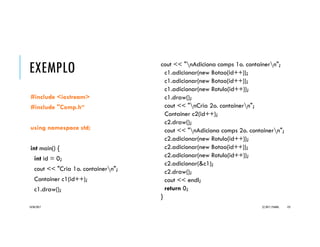 EXEMPLO _FRACAO
#include "Fracao.h"
#include <iostream>
using namespace std;
int main() {
Fracao f1, f2, f3;
cout << "Digite 1a. fracao (nun den): "; cin >> f1;
cout << "Digite 2a. fracao (nun den): "; cin >> f2;
cout << "Soma de Fracoesn";
f3 = f1 + f2;
cout << f1 << " + " << f2 << " = " << f3 << endl;
cout << "Subtracao de Fracoesn";
f3 = f1 - f2;
cout << f1 << " - " << f2 << " = " << f3 << endl;
cout << "Soma de Fracao e inteiron";
f3 = f1 + 1;
cout << f1 << " + 1 = " << f3 << endl;
cout << "Subtracao de Fracao e inteiron";
f3 = f1 - 1;
cout << f1 << " - 1 = " << f3 << endl;
return 0;
}
Exemplos de uso de Fracao:
Fracao f1(1/4), f2(3/6), f3(4/5);
Fracao f4 = f1 + f2 + f3;
f4 = f4 + 1;
Fracao f5 = f1 – f2 – f3;
f5 = f4 – 3;
20/04/2017 (C) 2017, PJANDL. 125
 
