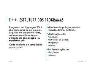 C++::ESTRUTURA DOS PROGRAMAS
Programa em linguagem C++
são compostos de um ou mais
arquivos de programa fonte,
cada um considerado uma
unidade de compilação (ou
translation unit).
Cada unidade de compilação
pode conter:
diretivas do pré-processador
(include, define, if, ifdef...)
declarações de:
variáveis;
estruturas de dados;
funções; e
classes.
implementação de:
funções; e
classes.
20/04/2017 (C) 2017, PJANDL. 14
 