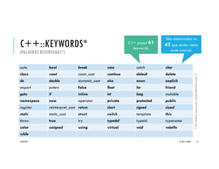 C++::KEYWORDS*
(PALAVRAS RESERVADAS*)
auto bool break case catch char
class const const_cast continue default delete
do double dynamic_cast else enum explicit
export extern false float for friend
goto if inline int long mutable
namespace new operator private protected public
register reinterpret_cast return short signed sizeof
static static_cast struct switch template this
throw true try typedef typeid typename
union unsigned using virtual void volatile
while
20/04/2017 (C) 2017, PJANDL. 16
São destacadas as
47 que serão vistas
neste tutorial.
C++ possui 61
keywords.
*Emitálico,keywordscompatilhadascomC.
 
