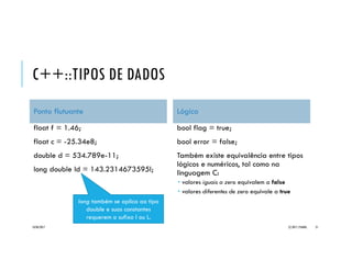C++::TIPOS DE DADOS
Ponto flutuante
float f = 1.46;
float c = -25.34e8;
double d = 534.789e-11;
long double ld = 143.2314673595l;
Lógico
bool flag = true;
bool error = false;
Também existe equivalência entre tipos
lógicos e numéricos, tal como na
linguagem C:
 valores iguais a zero equivalem a false
 valores diferentes de zero equivale a true
20/04/2017 (C) 2017, PJANDL. 21
long também se aplica ao tipo
double e suas constantes
requerem o sufixo l ou L.
 