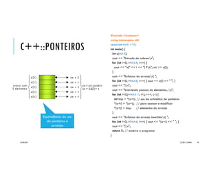 C++::PONTEIROS
#include <iostream>
using namespace std;
int main() {
// ponteiros com endereços literais inválidos em outros sistemas!
char *pChar = (char *)0x0065FDF4;
cout << (int *)pChar << ": " << *pChar << endl;
pChar = pChar + 1;
cout << (int *)pChar << ": " << *pChar << endl;
pChar += 1;
cout << (int *)pChar << ": " << *pChar << endl;
pChar++;
cout << (int *)pChar << ": " << *pChar << endl;
long *pLong = (long *)0x0065FE00;
cout << pLong << ": " << *pLong << endl;
pLong = pLong - 1;
cout << pLong << ": " << *pLong << endl;
pLong -= 1;
cout << pLong << ": " << *pLong << endl;
pLong--;
cout << pLong << ": " << *pLong << endl;
return 0; // encerra o programa
}
Não pode ser empregado o operador '*'
em ponteiros do tipo void porque não se
sabe o tamanho dos dados apontados,
exigindo uma operação de type casting
para o tipo correto:
int k = 10; // variável inteira
void *p = &k; // ponteiro void recebe endereço
cout << *((int*)p) << endl;
// uso do ponteiro void para
// acessar conteúdo apontado
*((int*)p) = 33; // uso do ponteiro void para
// modificar conteúdo apontado
20/04/2017 (C) 2017, PJANDL. 63
Exemplo _Ponteiro2
 