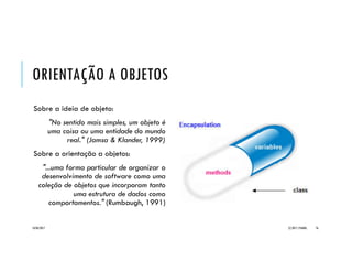 C++::FUNÇÕES
Uma função é um segmento de
programa independente (subprograma),
ou seja, um bloco de diretivas agrupadas
ao qual se associa um nome (o
identificador de função).
Cada função tem uma finalidade
específica, realizada por meio de suas
diretivas.
Para executarmos uma função devemos
efetuar uma chamada à função (function
call) de qualquer ponto do programa.
Uma função:
 Pode ser chamada qualquer número de
vezes;
 Pode receber valores (argumentos) para
realizar suas tarefas de maneira
customizada;
 Pode retornar um valor como resultado de
sua execução;
 Pode acionar a si mesma (recursão).
Programas em C++ podem ser
organizados como um conjunto de
funções.
20/04/2017 (C) 2017, PJANDL. 76
 