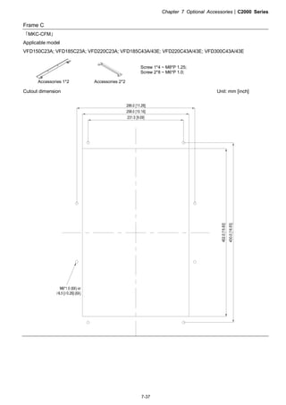 Chapter 7 Optional Accessories|C2000 Series
7-37
Frame C
『MKC-CFM』
Applicable model
VFD150C23A; VFD185C23A; VFD220C23A; VFD185C43A/43E; VFD220C43A/43E; VFD300C43A/43E
Accessories 1*2 Accessories 2*2
Screw 1*4 ~ M8*P 1.25;
Screw 2*8 ~ M6*P 1.0;
Cutout dimension Unit: mm [inch]
 