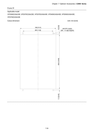 Chapter 7 Optional Accessories|C2000 Series
7-39
Frame D
Applicable model
VFD300C23A/23E; VFD370C23A/23E; VFD370C43A/43E; VFD450C43A/43E; VFD550C43A/43E;
VFD750C43A/43E
Cutout dimension Unit: mm [inch]
M10*P1.5(4X)
OR 11.0[0.43](4X)
 