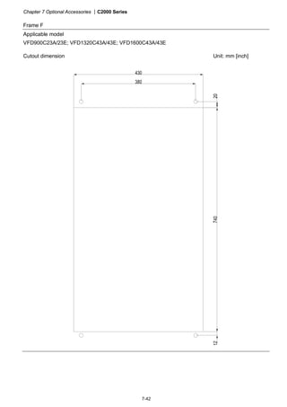 Chapter 7 Optional Accessories |C2000 Series
7-42
Frame F
Applicable model
VFD900C23A/23E; VFD1320C43A/43E; VFD1600C43A/43E
Cutout dimension Unit: mm [inch]
 