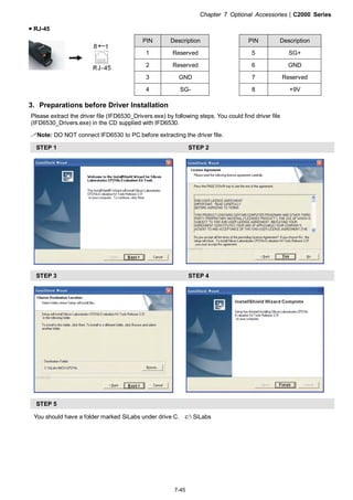 Chapter 7 Optional Accessories|C2000 Series
7-45
RJ-45
PIN Description PIN Description
1 Reserved 5 SG+
2 Reserved 6 GND
3 GND 7 Reserved
4 SG- 8 +9V
3. Preparations before Driver Installation
Please extract the driver file (IFD6530_Drivers.exe) by following steps. You could find driver file
(IFD6530_Drivers.exe) in the CD supplied with IFD6530.
Note: DO NOT connect IFD6530 to PC before extracting the driver file.
STEP 1 STEP 2
STEP 3 STEP 4
STEP 5
You should have a folder marked SiLabs under drive C. c: SiLabs
 