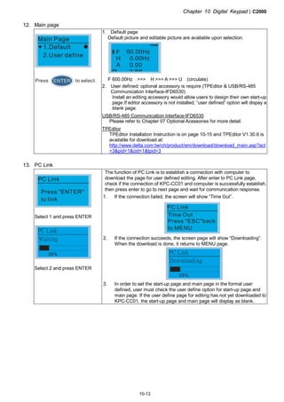 Chapter 10 Digital Keypad|C2000
10-13
12. Main page
1.Default
2.User define
Main Page
ENTERPress to select.
1. Default page
Default picture and editable picture are available upon selection.
F
H
A
60.00Hz
0.00
0.00Hz
F 600.00Hz >>> H >>> A >>> U (circulate)
2. User defined: optional accessory is require (TPEditor & USB/RS-485
Communication Interface-IFD6530)
Install an editing accessory would allow users to design their own start-up
page.If editor accessory is not installed, “user defined” option will dispay a
blank page.
USB/RS-485 Communication Interface-IFD6530
Please refer to Chapter 07 Optional Acessories for more detail.
TPEditor
TPEditor Installation Instruction is on page 10-15 and TPEditor V1.30.6 is
available for download at:
http://www.delta.com.tw/ch/product/em/download/download_main.asp?act
=3&pid=1&cid=1&tpid=3
13. PC Link
PC Link
Press "ENTER"
to link
Select 1 and press ENTER
PC Link
Waiting
28%
Select 2 and press ENTER
The function of PC Link is to establish a connection with computer to
download the page for user defined editing. After enter to PC Link page,
check if the connection of KPC-CC01 and computer is successfully establish,
then press enter to go to next page and wait for communication response.
1. If the connection failed, the screen will show “Time Out”.
PC Link
Time Out
Press "ESC"back
to MENU
2. If the connection succeeds, the screen page will show “Downloading”.
When the download is done, it returns to MENU page.
PC Link
Downloading
28%
3. In order to set the start-up page and main page in the format user
defined, user must check the user define option for start-up page and
main page. If the user define page for editing has not yet downloaded to
KPC-CC01, the start-up page and main page will display as blank.
 