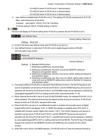 Chapter 12 Description of Parameter Settings|C2000 Series
12-15
0.0~6553.5 (when Pr.00-25 set to 1 decimal place)
0.0~655.35 (when Pr.00-25 set to 2 decimal place)
0.0~65.535 (when Pr.00-25 set to 3 decimal place)
User define is enabled when Pr.00-26 is not 0. The setting of Pr.00-26 corresponds to Pr.01.00
(Max. output frequency of the drive).
Example: User define: 100.0%, Pr.01.00 = 60.00Hz
Pr.00.25 setting is 0021h; Pr.0026 setting is 100.0%
NOTE
The drive will display as Pr.00-25 setting when Pr.00-25 is properly set and Pr.00-26 is not 0.
User Defined Value
Factory Setting: Read only
Settings Read only
Pr.00-27 will show user defined value when Pr.00-26 is not set to 0.
User defined function is valid when Pr.00-20 is set to digital keypad control or RS-285
communication input control.
Reserved
LOCAL/REMOTE Selection
Factory Setting: 0
Settings 0: Standard HOA function
1: Switching Local/Remote, the drive stops
2: Swithcing Local/Remote, the drive runs as the REMOTE setting for
frequency and operation status
3: Swithcing Local/Remote, the drive runs as the LOCAL setting for frequency
and operation status
4: Swithcing Local/Remote, the drive runs as LOCAL setting when switch to
Local and runs as REMOTE setting when switch to Remote for frequency
and operation status.
The factory setting of Pr.00-29 is 0 (standard Hand-Off-Auto function). The AUTO frequency and
source of operation can be set by Pr.00-20 and Pr.00-21, and the HAND frequency and source of
operation can be set by Pr.00-30 and Pr.00-31. AUTO/HAND mode can be selected or switched by
using digital keypad(KPC-CC01) or setting multi-function input terminal MI= 41, 42.
When external terminal MI is set to 41 and 42 (AUTO/HAND mode), the settings Pr.00-29=1,2,3,4
will be disabled. The external terminal has the highest priority among all command, Pr.00-29 will
always function as Pr.00-29=0, standard HOA mode.
When Pr.00-29 is not set to 0, Local/Remote function is enabled, the top right corner of digital
keypad (KPC-CC01) will display “LOC” or “REM” (the display is available when KPC-CC01 is
installed with firmware version higher than version 1.021). The LOCAL frequency and source of
operation can be set by Pr.00-20 and Pr.00-21, and the REMOTE frequency and source of
operation can be set by Pr.00-30 and Pr.00-31. Local/Remote function can be selected or switched
by using digital keypad(KPC-CC01) or setting external terminal MI=56. The AUTO key of the digital
keypad now controls for the REMOTE function and HAND key now controls for the LOCAL
function.
When MI is set to 56 for LOC/REM selection, if Pr.00-29 is set to 0, then the external terminal is
 