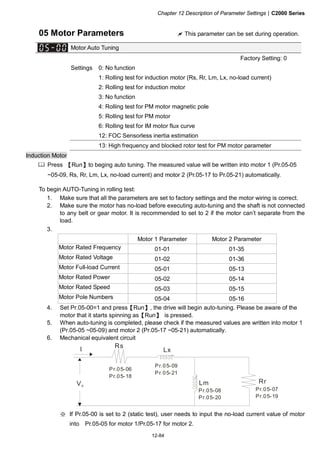 Chapter 12 Description of Parameter Settings|C2000 Series
12-84
05 Motor Parameters This parameter can be set during operation.
Motor Auto Tuning
Factory Setting: 0
Settings 0: No function
1: Rolling test for induction motor (Rs, Rr, Lm, Lx, no-load current)
2: Rolling test for induction motor
3: No function
4: Rolling test for PM motor magnetic pole
5: Rolling test for PM motor
6: Rolling test for IM motor flux curve
12: FOC Sensorless inertia estimation
13: High frequency and blocked rotor test for PM motor parameter
Induction Motor
Press 【Run】to beging auto tuning. The measured value will be written into motor 1 (Pr.05-05
~05-09, Rs, Rr, Lm, Lx, no-load current) and motor 2 (Pr.05-17 to Pr.05-21) automatically.
To begin AUTO-Tuning in rolling test:
1. Make sure that all the parameters are set to factory settings and the motor wiring is correct.
2. Make sure the motor has no-load before executing auto-tuning and the shaft is not connected
to any belt or gear motor. It is recommended to set to 2 if the motor can’t separate from the
load.
3.
Motor 1 Parameter Motor 2 Parameter
Motor Rated Frequency 01-01 01-35
Motor Rated Voltage 01-02 01-36
Motor Full-load Current 05-01 05-13
Motor Rated Power 05-02 05-14
Motor Rated Speed 05-03 05-15
Motor Pole Numbers 05-04 05-16
4. Set Pr.05-00=1 and press【Run】, the drive will begin auto-tuning. Please be aware of the
motor that it starts spinning as【Run】 is pressed.
5. When auto-tuning is completed, please check if the measured values are written into motor 1
(Pr.05-05 ~05-09) and motor 2 (Pr.05-17 ~05-21) automatically.
6. Mechanical equivalent circuit
VS
I
Rs
Rr
Lx
Lm
Pr.05-06
Pr.05-18
Pr.05-09
Pr.05-21
Pr.05-08
Pr.05-20
Pr.05-07
Pr.05-19
※ If Pr.05-00 is set to 2 (static test), user needs to input the no-load current value of motor
into Pr.05-05 for motor 1/Pr.05-17 for motor 2.
 