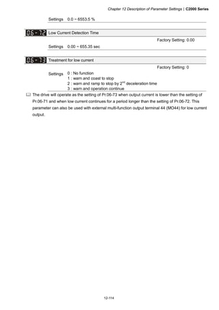 Chapter 12 Description of Parameter Settings|C2000 Series
12-114
Settings 0.0 ~ 6553.5 %
Low Current Detection Time
Factory Setting: 0.00
Settings 0.00 ~ 655.35 sec
Treatment for low current
Factory Setting: 0
Settings 0 : No function
1 : warn and coast to stop
2 : warn and ramp to stop by 2nd
deceleration time
3 : warn and operation continue
The drive will operate as the setting of Pr.06-73 when output current is lower than the setting of
Pr.06-71 and when low current continues for a period longer than the setting of Pr.06-72. This
parameter can also be used with external multi-function output terminal 44 (MO44) for low current
output.
 