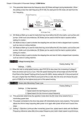 Chapter 12 Description of Parameter Settings|C2000 Series
12-116
This parameter determines the frequency when DC Brake will begin during deceleration. When
this setting is less than start frequency (Pr.01-09), the start-point for DC brake will start from the
min. frequency.
ON
OFF
01-09
07-04
Output frequen cy
Run /Stop
Time
DC Brake Time
DC Brak Time
during Stopping
Minimum
out put
frequen cy
Start-point for
DC brake
time during
stopping
DC Brake at Start-up is used for loads that may move before the AC drive starts, such as fans and
pumps. Under such circumstances, DC Brake can be used to hold the load in position before
setting it in motion.
DC Brake at stop is used to shorten the stopping time and also to hold a stopped load in position,
such as crane or cutting machine.
DC Brake at Start-up is used for loads that may move before the AC drive starts, such as fans and
pumps. Under such circumstances, DC Brake can be used to hold the load in position before
setting it in motion.
DC Brake at stop is used to shorten the stopping time and also to hold a stopped load in position,
such as crane or cutting machine.
Voltage Incrasing Gain
Factory Setting: 100
Settings 1~200%
When the user is using speed tracking, adjut Pr07-05 to slow down the increasing of voltage if
there are errors such as oL or ocv. Then the speed tracking time will be longer and the Pr07-09
Pivot Point of the Speed Tracking of the Current 20~200%, factory setting 50. If the pivot point of
the user is higher than the Pr06-03 pivot point of the oc stall, then the drive will choose the pivot
point of Pr06-03 as the highest pivot point of the speed tracking.
Restart after Momentary Power Loss
Factory Setting: 0
Settings 0: Stop operation
1: Speed search for last frequency command
2: Speed search for the minimum output frequency
This parameter determines the operation mode when the AC motor drive restarts from a
momentary power loss.
The power connected to the drive may power off momentarily due to many reasons. This function
allows the drive to keep outputting after power is on again after power off and won’t cause drive
stops.
Setting 1: Operation continues after momentary power loss, speed search starts with the Master
Frequency reference value after drive output frequency and motor rotator speed is synchronous.
 