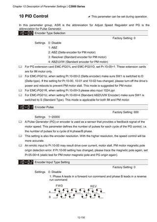 Chapter 12 Description of Parameter Settings|C2000 Series
12-150
10 PID Control This parameter can be set during operation.
In this parameter group, ASR is the abbreviation for Adjust Speed Regulator and PG is the
abbreviation for Pulse Generator.
Encoder Type Selection
Factory Setting: 0
Settings 0: Disable
1: ABZ
2: ABZ (Delta encoder for PM motor)
3: Resolver (Standard encoder for PM motor)
4: ABZ/UVW (Standard encoder for PM motor)
For PG extension card EMC-PG01L and EMC-PG01O, set Pr.10-00=1. These extension cards
are for IM motor only.
For EMC-PG01U, when setting Pr.10-00=2 (Delta encoder) make sure SW1 is switched to D
(Delta type). If the setting for Pr.10-00, 10-01 and 10-02 has changed, please turn off the drive’s
power and reboots to prevent PM motor stall. This mode is suggested for PM motor.
For EMC-PG01R, when setting Pr.10-00=3 please also input 1024 ppr.
For EMC-PG01U, when setting Pr.10-00=4 (Standard ABZ/UVW Encoder) make sure SW1 is
switched to S (Standard Type). This mode is applicable for both IM and PM motor.
Encoder Pulse
Factory Setting: 600
Settings 1~20000
A Pulse Generator (PG) or encoder is used as a sensor that provides a feedback signal of the
motor speed. This parameter defines the number of pulses for each cycle of the PG control, i.e.
the number of pulses for a cycle of A phase/B phase.
This setting is also the encoder resolution. With the higher resolution, the speed control will be
more accurate.
An errotic input to Pr.10-00 may result drive over current, motor stall, PM motor magnetic pole
origin detection error. If Pr.10-00 setting has changed, please trace the magnetic pole again, set
Pr.05-00=4 (static test for PM motor magnetic pole and PG origin again).
Encoder Input Type Setting
Factory Setting: 0
Settings 0: Disable
1: Phase A leads in a forward run command and phase B leads in a reverse
run command
A
B
FWD REV
 