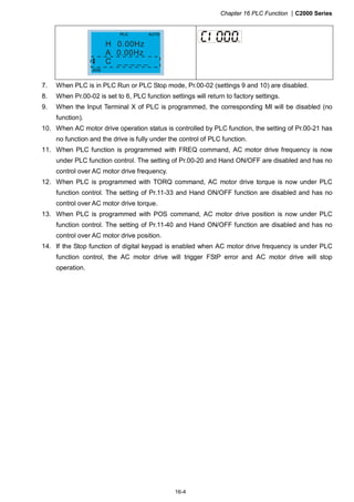 Chapter 16 PLC Function |C2000 Series
16-4
H 0.00Hz
A 0.00Hz
C _ _ _ _ _
7. When PLC is in PLC Run or PLC Stop mode, Pr.00-02 (settings 9 and 10) are disabled.
8. When Pr.00-02 is set to 6, PLC function settings will return to factory settings.
9. When the Input Terminal X of PLC is programmed, the corresponding MI will be disabled (no
function).
10. When AC motor drive operation status is controlled by PLC function, the setting of Pr.00-21 has
no function and the drive is fully under the control of PLC function.
11. When PLC function is programmed with FREQ command, AC motor drive frequency is now
under PLC function control. The setting of Pr.00-20 and Hand ON/OFF are disabled and has no
control over AC motor drive frequency.
12. When PLC is programmed with TORQ command, AC motor drive torque is now under PLC
function control. The setting of Pr.11-33 and Hand ON/OFF function are disabled and has no
control over AC motor drive torque.
13. When PLC is programmed with POS command, AC motor drive position is now under PLC
function control. The setting of Pr.11-40 and Hand ON/OFF function are disabled and has no
control over AC motor drive position.
14. If the Stop function of digital keypad is enabled when AC motor drive frequency is under PLC
function control, the AC motor drive will trigger FStP error and AC motor drive will stop
operation.
 