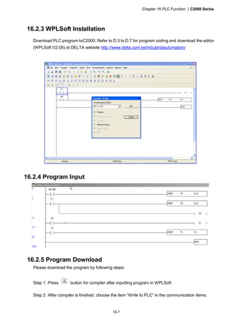 Chapter 16 PLC Function |C2000 Series
16-7
16.2.3 WPLSoft Installation
Download PLC program toC2000: Refer to D.3 to D.7 for program coding and download the editor
(WPLSoft V2.09) at DELTA website http://www.delta.com.tw/industrialautomation/
16.2.4 Program Input
16.2.5 Program Download
Please download the program by following steps:
Step 1. Press button for compiler after inputting program in WPLSoft.
Step 2. After compiler is finished, choose the item “Write to PLC” in the communication items.
 