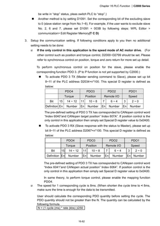 Chapter 16 PLC Function |C2000 Series
16-82
be write in “stop” status, pleas switch PLC to “stop”.)
Another method is by setting D1091. Set the corresponding bit of the excluding slave
to 0 (slave station range from No.1~8). For example, if the user wants to exclude slave
No. 2, 6 and 7, please set D1091 = 003B by following steps: WPL Editor >
communication> Edit Register Memory(T C D)
3. Setup the communication setting. If following conditions apply to you then no additional
setting needs to be done:
If the only control in this application is the speed mode of AC motor drive. (For
other control such as position and torque control, D2000~D2799 should be set. Please
refer to synchronous control on position, torque and zero return for more set up detail.
To perform synchronous control on position for the slave, please enable the
corresponding function PDO 3. (P to P function is not yet supported by C2000.)
To activate PDO 3 TX (Master sending command to Slave), please set up bit
8~11 of the PLC address D2034+n*100. This special D register is defined as
below:
PDO4 PDO3 PDO2 PDO1
Torque Position Remote I/O Speed
Bit 15 14 ~ 12 11 10 ~ 8 7 6 ~ 4 3 2 ~ 0
Definition En Number En Number En Number En Number
The pre-defined setting of PDO 3 TX has corresponded to CANopen control word
“Index 6040”and CANopen target position” Index 607A”. If position control is the
only control in this application then simply set Special D register value to 0x0A00.
To activate PDO 3 RX (Slave response with the status to Master), please set up
bit 8~11 of the PLC address D2067+n*100. This special D register is defined as
below:
PDO4 PDO3 PDO2 PDO1
Torque Position Remote I/O Speed
Bit 15 14 ~ 12 11 10 ~ 8 7 6 ~ 4 3 2 ~ 0
Definition En Number En Number En Number En Number
The pre-defined setting of PDO 3 TX has corresponded to CANopen control word
“Index 6041”and CANopen actual position” Index 6064”. If position control is the
only control in this application then simply set Special D register value to 0x0A00.
In same theory, to perform torque control, please enable the mapping function
PDO4.
The speed for 1 corresponding cycle is 8ms. (When shorten the cycle time to < 8ms,
make sure the time is enough for the data to be transmitted.
User should calculate the corresponding PDO quantity before setting the cycle. The
PDO quantity should not be greater than the N. The quantity can be calculated by the
following formula.
N = (1 cycle (ms) * rate (kbs) )/250
 