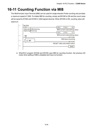 Chapter 16 PLC Function |C2000 Series
16-99
16-11 Counting Function via MI8
The Multi-function Input Terminal (MI8) can be used for single direction Pulse counting and provides
a maximum speed of 100K. To initiate MI8 for counting, simply set M1038 to ON and the count value
will be saved to D1054 and D1055 in 32bit signed decimal. When M1039 is ON, counting value will
reset to 0.
0 M1000
MOV D0D1054
MI8 current calculating value
MOV D1D1055
M0
(M1038)
MI8
M0
(M1039)
RESET MI8
END
11
13
15
Operation Monitoring
Opening Point (a)
MI8 current calculating value
Start counting
calculated value
※ WhenPLC program M1038 and M1039 uses MI8 for counting function, the previous AC
motor drive setting of MI8 is disabled and have no function.
改 M1
 