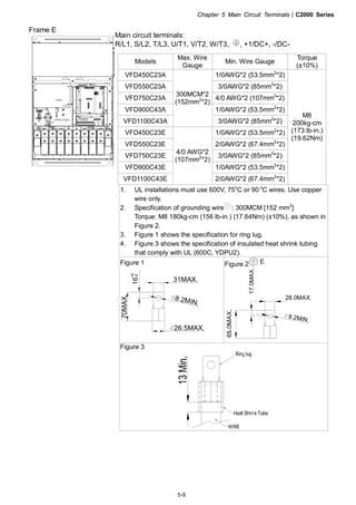 Chapter 5 Main Circuit Terminals|C2000 Series
5-9
Frame E
Inco rrec tins ta lla tion may
res ultin d am ag e to op tion
or inv erter.Plea se re fe rto
op e ra tio n ma nu al fo r
in sta llation in struc tion s.
警 告
錯誤的安裝將會導
致變頻器及選配品
損壞，安裝前請務
必參閱使用手冊後
才進行裝配。
Main circuit terminals:
R/L1, S/L2, T/L3, U/T1, V/T2, W/T3, , +1/DC+, -/DC-
Models
Max. Wire
Gauge
Min. Wire Gauge
Torque
(±10%)
VFD450C23A 1/0AWG*2 (53.5mm2
*2)
VFD550C23A 3/0AWG*2 (85mm2
*2)
VFD750C23A 4/0 AWG*2 (107mm2
*2)
VFD900C43A 1/0AWG*2 (53.5mm2
*2)
VFD1100C43A
300MCM*2
(152mm2
*2)
3/0AWG*2 (85mm2
*2)
VFD450C23E 1/0AWG*2 (53.5mm2
*2)
VFD550C23E 2/0AWG*2 (67.4mm2
*2)
VFD750C23E 3/0AWG*2 (85mm2
*2)
VFD900C43E 1/0AWG*2 (53.5mm2
*2)
VFD1100C43E
4/0 AWG*2
(107mm2
*2)
2/0AWG*2 (67.4mm2
*2)
M8
200kg-cm
(173 lb-in.)
(19.62Nm)
1. UL installations must use 600V, 75o
C or 90 o
C wires. Use copper
wire only.
2. Specification of grounding wire : 300MCM [152 mm2
]
Torque: M8 180kg-cm (156 lb-in.) (17.64Nm) (±10%), as shown in
Figure 2.
3. Figure 1 shows the specification for ring lug.
4. Figure 3 shows the specification of insulated heat shrink tubing
that comply with UL (600C, YDPU2).
Figure 1
31MAX.
8.2MIN.
26.5MAX.
70MAX.
16
+0
-4
Figure 2 E
8.2MIN.
65.0MAX.
17.0MAX.
28.0MAX.
Figure 3
 