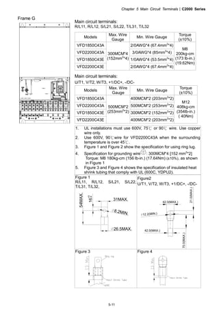 Chapter 5 Main Circuit Terminals|C2000 Series
5-11
Frame G
Main circuit terminals:
R/L11, R/L12, S/L21, S/L22, T/L31, T/L32
Models
Max. Wire
Gauge
Min. Wire Gauge
Torque
(±10%)
VFD1850C43A 2/0AWG*4 (67.4mm2
*4)
VFD2200C43A 3/0AWG*4 (85mm2
*4)
VFD1850C43E 1/0AWG*4 (53.5mm2
*4)
VFD2200C43E
300MCM*4
(152mm2
*4)
2/0AWG*4 (67.4mm2
*4)
M8
200kg-cm
(173 lb-in.)
(19.62Nm)
Main circuit terminals:
U/T1, V/T2, W/T3, +1/DC+, -/DC-
Models
Max. Wire
Gauge
Min. Wire Gauge
Torque
(±10%)
VFD1850C43A 400MCM*2 (203mm2
*2)
VFD2200C43A 500MCM*2 (253mm2
*2)
VFD1850C43E 300MCM*2 (152mm2
*2)
VFD2200C43E
500MCM*2
(253mm2
*2)
400MCM*2 (203mm2
*2)
M12
408kg-cm
(354lb-in.)
( 40Nm)
1. UL installations must use 600V, 75 or 90℃ ℃ wire. Use copper
wire only.
2. Use 600V, 90 wire℃ for VFD2200C43A when the surrounding
temperature is over 45℃.
3. Figure 1 and Figure 2 show the specification for using ring lug.
4. Specification for grounding wire : 300MCM*4 [152 mm2
*2]
Torque: M8 180kg-cm (156 lb-in.) (17.64Nm) (±10%), as shown
in Figure 1
5. Figure 3 and Figure 4 shows the specification of insulated heat
shrink tubing that comply with UL (600C, YDPU2).
Figure 1
R/L11, R/L12, S/L21, S/L22,
T/L31, T/L32,
31MAX.
8.2MIN.
26.5MAX.
54MAX.
16
+0
-4
Figure2
U/T1, V/T2, W/T3, +1/DC+, -/DC-
42.0(MAX.)
12.2(MIN.)
21.0(MAX.)
70.0(MAX.)
42.0(MAX.)
Figure 3 Figure 4
 