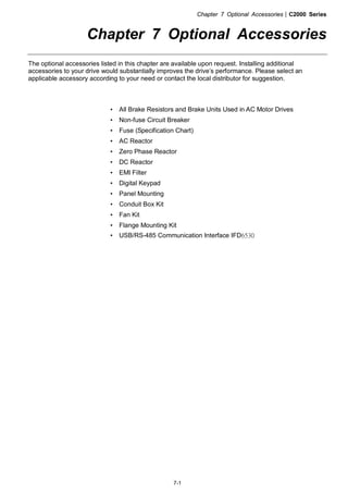 Chapter 7 Optional Accessories|C2000 Series
7-1
Chapter 7 Optional Accessories
The optional accessories listed in this chapter are available upon request. Installing additional
accessories to your drive would substantially improves the drive’s performance. Please select an
applicable accessory according to your need or contact the local distributor for suggestion.
• All Brake Resistors and Brake Units Used in AC Motor Drives
• Non-fuse Circuit Breaker
• Fuse (Specification Chart)
• AC Reactor
• Zero Phase Reactor
• DC Reactor
• EMI Filter
• Digital Keypad
• Panel Mounting
• Conduit Box Kit
• Fan Kit
• Flange Mounting Kit
• USB/RS-485 Communication Interface IFD6530
 