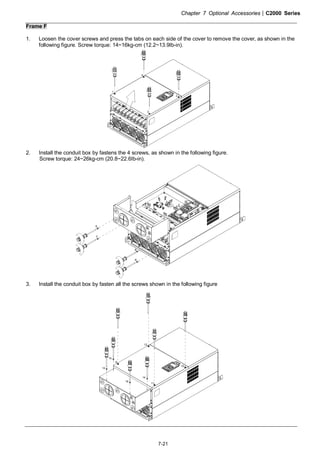 Chapter 7 Optional Accessories|C2000 Series
7-21
Frame F
1. Loosen the cover screws and press the tabs on each side of the cover to remove the cover, as shown in the
following figure. Screw torque: 14~16kg-cm (12.2~13.9Ib-in).
2
3
4
1
2. Install the conduit box by fastens the 4 screws, as shown in the following figure.
Screw torque: 24~26kg-cm (20.8~22.6Ib-in).
5
6
7
8
3. Install the conduit box by fasten all the screws shown in the following figure
9
10
11
12
13
14
15
16
 
