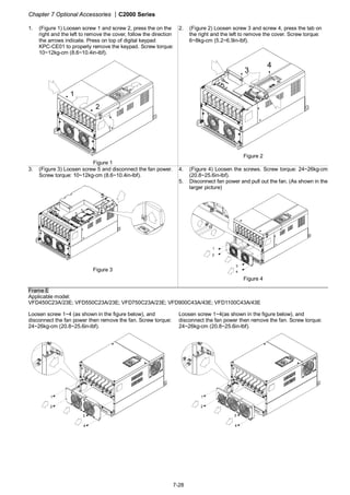 Chapter 7 Optional Accessories |C2000 Series
7-28
1. (Figure 1) Loosen screw 1 and screw 2, press the on the
right and the left to remove the cover, follow the direction
the arrows indicate. Press on top of digital keypad
KPC-CE01 to properly remove the keypad. Screw torque:
10~12kg-cm (8.6~10.4in-lbf).
1
2
Figure 1
2. (Figure 2) Loosen screw 3 and screw 4, press the tab on
the right and the left to remove the cover. Screw torque:
6~8kg-cm (5.2~6.9in-lbf).
3
4
Figure 2
3. (Figure 3) Loosen screw 5 and disconnect the fan power.
Screw torque: 10~12kg-cm (8.6~10.4in-lbf).
5
Figure 3
4. (Figure 4) Loosen the screws. Screw torque: 24~26kg-cm
(20.8~25.6in-lbf).
5. Disconnect fan power and pull out the fan. (As shown in the
larger picture)
1
2
3
4
Figure 4
Frame E
Applicable model:
VFD450C23A/23E; VFD550C23A/23E; VFD750C23A/23E; VFD900C43A/43E; VFD1100C43A/43E
Loosen screw 1~4 (as shown in the figure below), and
disconnect the fan power then remove the fan. Screw torque:
24~26kg-cm (20.8~25.6in-lbf).
1
2
3
4
Loosen screw 1~4(as shown in the figure below), and
disconnect the fan power then remove the fan. Screw torque:
24~26kg-cm (20.8~25.6in-lbf).
1
2
3
4
 