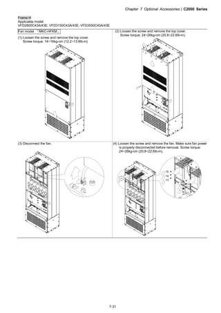 Chapter 7 Optional Accessories|C2000 Series
7-31
Frame H
Applicable model
VFD2800C43A/43E; VFD3150C43A/43E; VFD3550C43A/43E
Fan model 『MKC-HFKM』
(1) Loosen the screw and remove the top cover.
Screw torque: 14~16kg-cm (12.2~13.9Ib-in)
1
2
4
3
(2) Loosen the screw and remove the top cover.
Screw torque: 24~26kg-cm (20.8~22.6Ib-in).
5
6
7
8
9
10
11
12
(3) Disconnect the fan. (4) Loosen the screw and remove the fan. Make sure fan power
is properly disconnected before removal. Screw torque:
24~26kg-cm (20.8~22.6Ib-in).
13
14
15
16
17
18
13
14
15
16
17
18
 