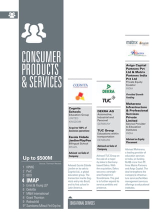 EDUCATIONALSERVICES
Cognita
Schools
Education Group
United
Kingdom
Acquired 100% of
business operations
Escola Cidade
Jardim-PlayPen
Bilingual School
Brazil
Advised on Sale of
Company
Advised Escola Cidade
Jardim on its sale to
Cognita Ltd., a global
education group. The
transaction marks Cog-
nita’s entry into Brazil,
and its first school in
Latin America.
DEKRA AG
Automotive,
Industrial and
Personel
Germany
TUC Group
Educations within
transportation
Denmark
Advised on Sale of
Company
Advised TUC Group on
the sale of a major-
ity stake to Germany-
based Dekra. With
the acquisition, Dekra
secures a strength-
ened footprint in
Scandinavia. The goal
is to further expand its
service portfolio and
presence.
Avigo Capital
Partners Pvt
Ltd & Matrix
Partners India
Pvt Ltd
Private Equity
Investor
India
Provided Growth
Funding
Maharana
Infrastructure
& Professional
Services
Private
Limited
Service Provider
to Education
Institutes
India
Advised on Equity
Placement
Advised Maharana,
a leading provider of
education services
in India, on funding
Rs100 crore from PE
firms Matrix Partners
and Avigo Capital. The
deal strengthens the
company’s infrastruc-
ture services/facilities
management services
offerings to educational
institutes.
consumer
products
&services
 Up to $500M	 
Source: Thomson Reuters
	1	 KPMG
	2	 PwC
	3	 BDO
	4	 IMAP
	 5	 Ernst & Young LLP
	6	 Deloitte
	 7	 M&A International
	 8	 Grant Thornton
	9	 Rothschild
9*	Sumitomo Mitsui Finl Grp Inc
 