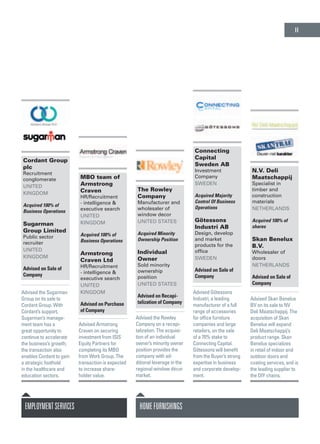 homefurnishings
The Rowley
Company
Manufacturer and
wholesaler of
window decor
United States
Acquired Minority
Ownership Position
Individual
Owner
Sold minority
ownership
position
United States
Advised on Recapi-
talization of Company
Advised the Rowley
Company on a recapi-
talization. The acquisi-
tion of an individual
owner’s minority owner
position provides the
company with ad-
ditional leverage in the
regional window décor
market.
Connecting
Capital
Sweden AB
Investment
Company
Sweden
Acquired Majority
Control Of Business
Operations
Götessons
Industri AB
Design, develop
and market
products for the
office
Sweden
Advised on Sale of
Company
Advised Götessons
Industri, a leading
manufacturer of a full
range of accessories
for office furniture
companies and large
retailers, on the sale
of a 70% stake to
Connecting Capital.
Götessons will benefit
from the Buyer’s strong
expertise in business
and corporate develop-
ment.
N.V. Deli
Maatschappij
Specialist in
timber and
construction
materials
Netherlands
Acquired 100% of
shares
Skan Benelux
B.V.
Wholesaler of
doors
Netherlands
Advised on Sale of
Company
Advised Skan Benelux
BV on its sale to NV
Deli Maatschappij. The
acquisition of Skan
Benelux will expand
Deli Maatschappij’s
product range. Skan
Benelux specializes
in retail of indoor and
outdoor doors and
coating services, and is
the leading supplier to
the DIY chains.
EMPLOYMENTSERVICES
Cordant Group
plc
Recruitment
conglomerate
United
Kingdom
Acquired 100% of
Business Operations
Sugarman
Group Limited
Public sector
recruiter
United
Kingdom
Advised on Sale of
Company
Advised the Sugarman
Group on its sale to
Cordant Group. With
Cordant’s support,
Sugarman’s manage-
ment team has a
great opportunity to
continue to accelerate
the business’s growth;
the transaction also
enables Cordant to gain
a strategic foothold
in the healthcare and
education sectors.
MBO team of
Armstrong
Craven
HR/Recruitment
- intelligence &
executive search
United
Kingdom
Acquired 100% of
Business Operations
Armstrong
Craven Ltd
HR/Recruitment
- intelligence &
executive search
United
Kingdom
Advised on Purchase
of Company
Advised Armstrong
Craven on securing
investment from ISIS
Equity Partners for
completing its MBO
from Work Group. The
transaction is expected
to increase share-
holder value.
11
 
