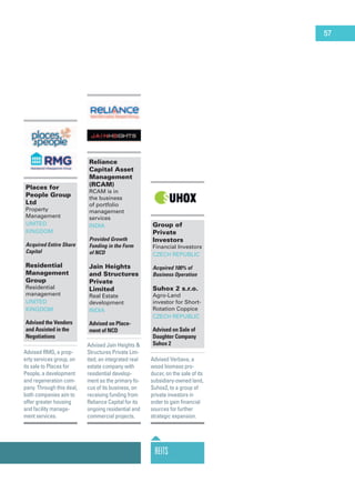 Places for
People Group
Ltd
Property
Management
United
Kingdom
Acquired Entire Share
Capital
Residential
Management
Group
Residential
management
United
Kingdom
Advised the Vendors
and Assisted in the
Negotiations
Advised RMG, a prop-
erty services group, on
its sale to Places for
People, a development
and regeneration com-
pany. Through this deal,
both companies aim to
offer greater housing
and facility manage-
ment services.
Reliance
Capital Asset
Management
(RCAM)
RCAM is in
the business
of portfolio
management
services
India
Provided Growth
Funding in the Form
of NCD
Jain Heights
and Structures
Private
Limited
Real Estate
development
India
Advised on Place-
ment of NCD
Advised Jain Heights &
Structures Private Lim-
ited, an integrated real
estate company with
residential develop-
ment as the primary fo-
cus of its business, on
receiving funding from
Reliance Capital for its
ongoing residential and
commercial projects.
Group of
Private
Investors
Financial Investors
Czech Republic
Acquired 100% of
Business Operation
Suhox 2 s.r.o.
Agro-Land
investor for Short-
Rotation Coppice
Czech Republic
Advised on Sale of
Daughter Company
Suhox 2
Advised Verbava, a
wood biomass pro-
ducer, on the sale of its
subsidiary-owned land,
Suhox2, to a group of
private investors in
order to gain financial
sources for further
strategic expansion.
REITs
57
 