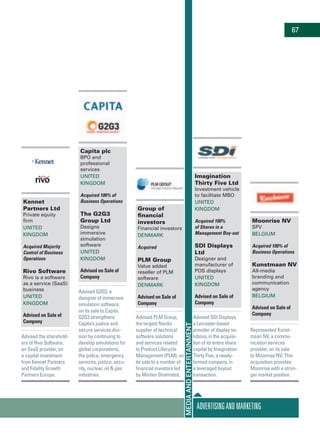 Kennet
Partners Ltd
Private equity
firm
United
Kingdom
Acquired Majority
Control of Business
Operations
Rivo Software
Rivo is a software
as a service (SaaS)
business
United
Kingdom
Advised on Sale of
Company
Advised the sharehold-
ers of Rivo Software,
an SaaS provider, on
a capital investment
from Kennet Partners
and Fidelity Growth
Partners Europe.
Capita plc
BPO and
professional
services
United
Kingdom
Acquired 100% of
Business Operations
The G2G3
Group Ltd
Designs
immersive
simulation
software
United
Kingdom
Advised on Sale of
Company
Advised G2G3, a
designer of immersive
simulation software,
on its sale to Capita.
G2G3 strengthens
Capita’s justice and
secure services divi-
sion by continuing to
develop simulations for
global corporations,
the police, emergency
services, justice, secu-
rity, nuclear, oil & gas
industries.
Group of
financial
investors
Financial investors
Denmark
Acquired
PLM Group
Value added
reseller of PLM
software
Denmark
Advised on Sale of
Company
Advised PLM Group,
the largest Nordic
supplier of technical
software solutions
and services related
to Product Lifecycle
Management (PLM), on
its sale to a number of
financial investors led
by Morten Strømsted.
Imagination
Thirty Five Ltd
Investment vehicle
to facilitate MBO
United
Kingdom
Acquired 100%
of Shares in a
Management Buy-out
SDI Displays
Ltd
Designer and
manufacturer of
POS displays
United
Kingdom
Advised on Sale of
Company
Advised SDI Displays,
a Leicester-based
provider of display so-
lutions, in the acquisi-
tion of its entire share
capital by Imagination
Thirty Five, a newly-
formed company, in
a leveraged buyout
transaction.
AdvertisingandMarketing
MediaandEntertainment
67
Moonrise NV
SPV
Belgium
Acquired 100% of
Business Operations
Kunstmaan NV
All-media
branding and
communication
agency
Belgium
Advised on Sale of
Company
Represented Kunst-
maan NV, a commu-
nication services
provider, on its sale
to Moonrise NV. This
acquisition provides
Moonrise with a stron-
ger market position.
 