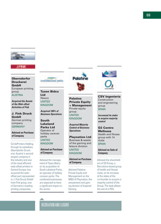 Oberndorfer
Druckerei
GmbH
European printing
group
Austria
Acquired the Assets
of the Web-offset
Activities of Fink
J. Fink Druck
GmbH
German printing
company
Germany
Advised on Purchase
of Company
CirclePrinters Holding,
through its subsidiary
Oberndorfer Druck-
erei, Austria`s second
largest company in
the industry and one
of the most efficient
web-offset printers in
Central Europe, has
acquired the web-
offset part represented
in J. Fink Druck GmbH
from Fink group, one
of Germany`s leading
printing companies.
Tyson Bidco
Ltd
Newco
United
Kingdom
Acquired 100% of
Business Operations
South
Lakeland
Parks Ltd
Operator of
holiday caravan
parks
United
Kingdom
Advised on Purchase
of Company
Advised the manage-
ment of Tyson Bidco
on its acquisition of
South Lakeland Parks,
an operator of holiday
caravan parks. The
combined businesses
are expected to have
a significant impact in
the sector.
Palatine
Private Equity
+ Management
Private equity
group
United
Kingdom
Acquired Majority
Control of Business
Operations
Playnation Ltd
Business & assets
of the gaming and
leisure division
United
Kingdom
Advised on Purchase
of Company
Advised Palatine
Private Equity and
Management on the
MBO of Playnation, the
amusement and gam-
ing division of Inspired
Gaming.
RecreationandLeisure
69
CSV Ingeniería
Construction
and engineering
group
Spain
Increased its stake
to acquire majority
control
O2 Centro
Wellness
Health and fitness
group with 14
clubs
Spain
Advised on Sale of
Company
Advised the sharehold-
ers of O2 Group, a
Barcelona-based group
of health and fitness
clubs, on its increase
of the stake of the
co-founder to acquire a
majority control of the
Group. The deal allows
the exit of a PEG.
 