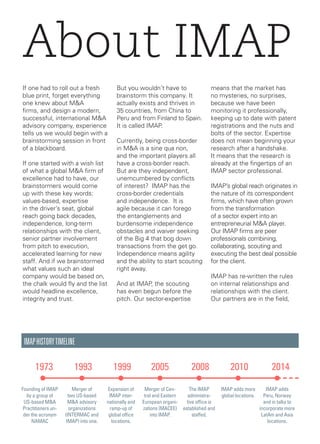 About IMAP
If one had to roll out a fresh
blue print, forget everything
one knew about M&A
firms, and design a modern,
successful, international M&A
advisory company, experience
tells us we would begin with a
brainstorming session in front
of a blackboard.
If one started with a wish list
of what a global M&A firm of
excellence had to have, our
brainstormers would come
up with these key words:
values-based, expertise
in the driver’s seat, global
reach going back decades,
independence, long-term
relationships with the client,
senior partner involvement
from pitch to execution,
accelerated learning for new
staff. And if we brainstormed
what values such an ideal
company would be based on,
the chalk would fly and the list
would headline excellence,
integrity and trust.
But you wouldn’t have to
brainstorm this company. It
actually exists and thrives in
35 countries, from China to
Peru and from Finland to Spain.
It is called IMAP.
Currently, being cross-border
in M&A is a sine qua non,
and the important players all
have a cross-border reach.
But are they independent,
unemcumbered by conflicts
of interest? IMAP has the
cross-border credentials
and independence. It is
agile because it can forego
the entanglements and
burdensome independence
obstacles and waiver seeking
of the Big 4 that bog down
transactions from the get go.
Independence means agility
and the ability to start scouting
right away.
And at IMAP, the scouting
has even begun before the
pitch. Our sector-expertise
means that the market has
no mysteries, no surprises,
because we have been
monitoring it professionally,
keeping up to date with patent
registrations and the nuts and
bolts of the sector. Expertise
does not mean beginning your
research after a handshake.
It means that the research is
already at the fingertips of an
IMAP sector professional.
IMAP’s global reach originates in
the nature of its correspondent
firms, which have often grown
from the transformation
of a sector expert into an
entrepreneurial M&A player.
Our IMAP firms are peer
professionals combining,
collaborating, scouting and
executing the best deal possible
for the client.
IMAP has re-written the rules
on internal relationships and
relationships with the client.
Our partners are in the field,
IMAPHISTORYTIMELINE
Founding of IMAP
by a group of
US-based M&A
Practitioners un-
der the acronym
NAMAC
1973
Merger of
two US-based
M&A advisory
organizations
(INTERMAC and
IMAP) into one.
1993
Expansion of
IMAP inter-
nationally and
ramp-up of
global office
locations.
1999
Merger of Cen-
tral and Eastern
European organi-
zations (MACEE)
into IMAP.
2005
The IMAP
administra-
tive office is
established and
staffed.
2008
IMAP adds more
global locations.
2010
IMAP adds
Peru, Norway
and in talks to
incorporate more
LatAm and Asia
locations.
2014
 