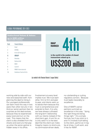 in the world in the number of closed
transactions valued up to
IMAP
ranked
(asrankedintheThomsonReuters’LeagueTables)
US$200 million
globalperformance2011-2013
Rank FinacialAdvisor
1 PwC
2 KPMG
3 Ernst & Young LLP
4 IMAP
5 Deloitte
6 Rothschild
7 BDO
8 Lazard
9 M&A International
10 Goldman Sachs & Co
Undisclosed Values & Values
up to $200 million
(Based on number of transactions)
working side by side with our
new and seasoned staff, from
planning the deal to inking it.
Our youngest professionals
can learn more this way in two
years than other recruits in ten.
And our senior partners fear no
surprises as the deal evolves
because they’ve experienced
every twist and turn on the
road. This means that the
client is also shielded from the
shocks and overruns that pop
up when the senior partner is
hidden away in his office.
Involvement at every level
implies trust. We trust each
other, firm to firm and peer
to peer, and clients want us
to advise them because this
trust is comprehensive and
extends to them. It is why
we have always cultivated
the long-term relationship
with our clients instead of the
short-term gain. A win for us
is only valid if it is the best
deal that the client can make.
Integrity means no short-cuts,
no commission-driven deals,
no rule-bending or cutting
regulatory corners. Because
trust leads inexorably to
excellence.
One of IMAP’s senior
partners summed up
excellence in this way: “doing
the right thing and doing
things right.” It’s a simple
formula, but if you stick to it,
and if it involves truth-telling
to the client, painful as it may
be at times, it will work, and
it has for IMAP.
4th
 