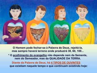 O Homem pode fechar-se à Palavra de Deus, rejeitá-la,
mas sempre haverá terreno onde produzirá 30, 60, 100...
* O acolhimento do evangelho não depende nem da Semente,
nem do Semeador, mas da QUALIDADE DA TERRA.
Diante da Palavra de Deus, há 4 TIPOS DE OUVINTES
que existiam naquele tempo e que continuam existindo hoje:
 