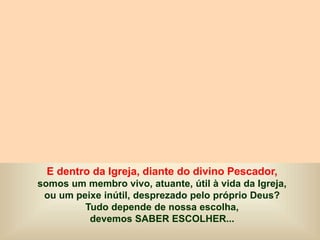 E dentro da Igreja, diante do divino Pescador,
somos um membro vivo, atuante, útil à vida da Igreja,
ou um peixe inútil, desprezado pelo próprio Deus?
Tudo depende de nossa escolha,
devemos SABER ESCOLHER...
 