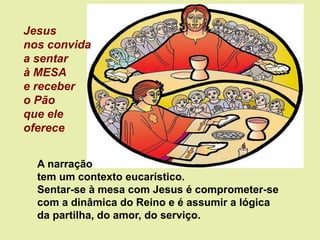 Jesus
nos convida
a sentar
à MESA
e receber
o Pão
que ele
oferece
A narração
tem um contexto eucarístico.
Sentar-se à mesa com Jesus é comprometer-se
com a dinâmica do Reino e é assumir a lógica
da partilha, do amor, do serviço.
 