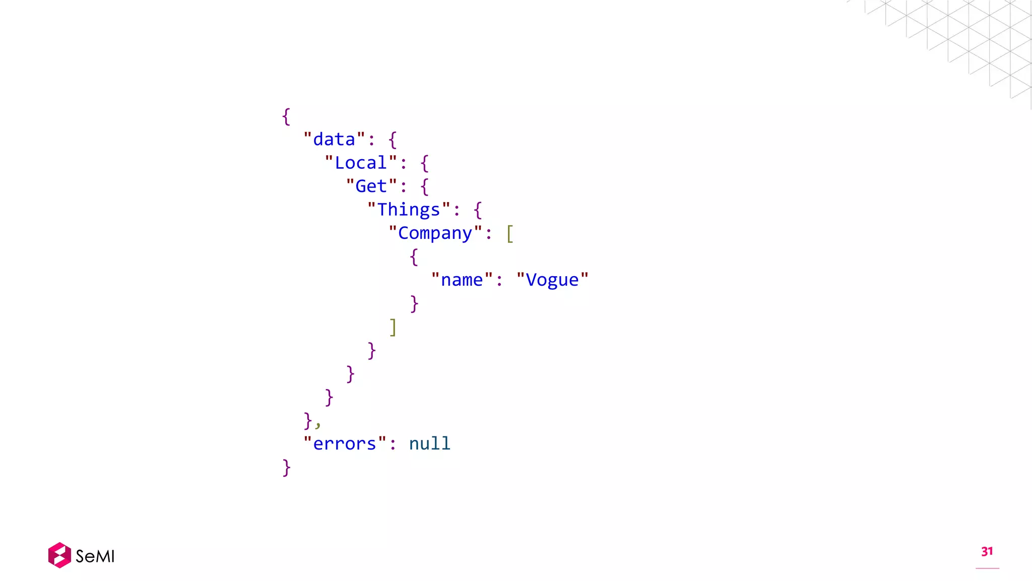 31
{
"data": {
"Local": {
"Get": {
"Things": {
"Company": [
{
"name": "Vogue"
}
]
}
}
}
},
"errors": null
}
 