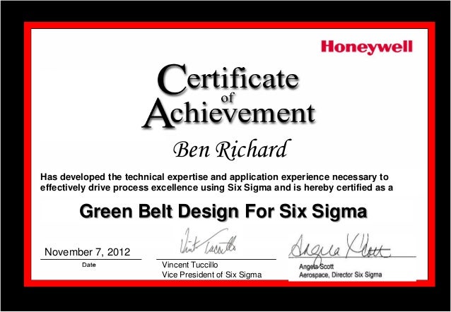 certificate of achievement green belt design for six sigma